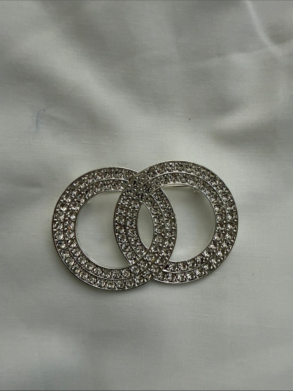Crystal Double Circle Brooch - Silver Tone